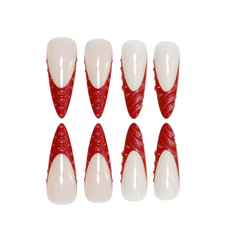 SEENEEY Long Press on Nails Stiletto Fake Nails Red French Artificial Nails with 3D Water Droplets Designs Extra Long Glossy Cute Stick on Nail for Women 24pcs - Image 3